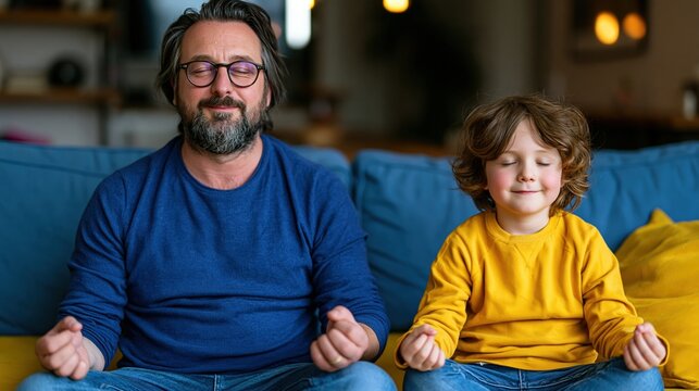 Adult and child practicing mindful breathing together on sofa in cozy home
