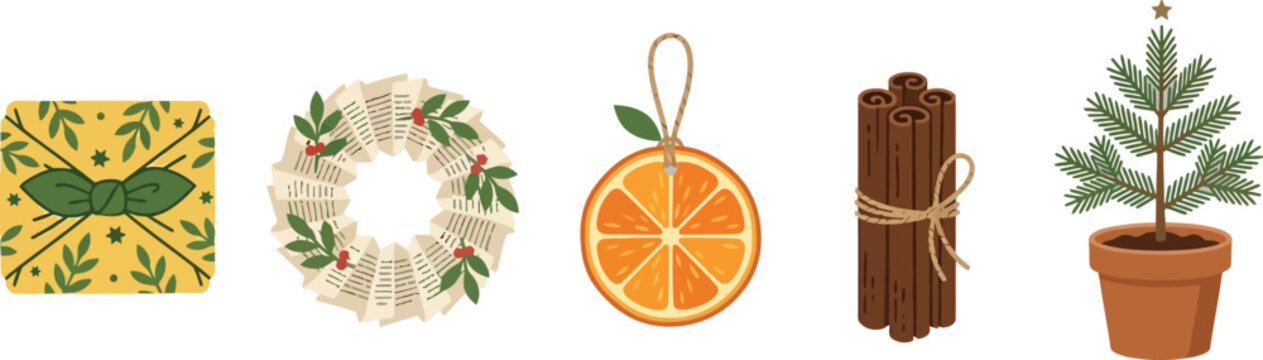 Cozy winter holiday collection with cinnamon sticks, orange slice, and small pine tree pot