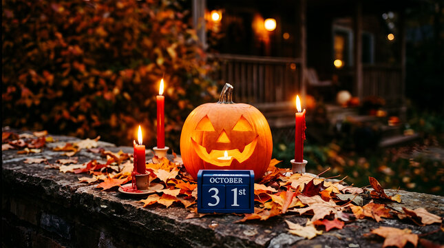 Carved Jack O Lantern Pumpkin With Red Candles And Autumn Leaves October 31st halloween