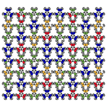 Padr&atilde;o ornamental multicolorido composto por formas geom&eacute;tricas sim&eacute;tricas em azul, verde, vermelho e amarelo. Textura decorativa vibrante inspirada em mosaicos art&iacute;sticos e estampas contempor&acirc;neas.