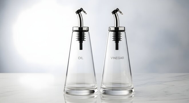 Two clear glass cruets for oil and vinegar with metal spouts on a marble surface with soft studio lighting