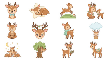 Obraz premium Set of cute cartoon baby deer illustrations for nursery design.