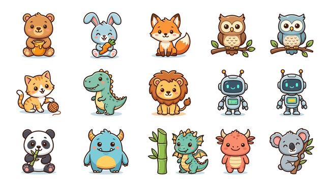 Set of cute cartoon animals and robot stickers.