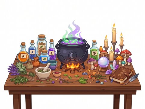 A Witch's Altar: A mystical arrangement of potions, herbs, candles, and a bubbling cauldron create an enchanting scene on a rustic wooden table, evoking ancient magic and folklore.