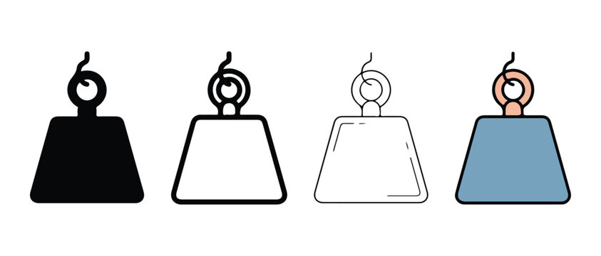 weight icons with hook on top for lifting heavy objects in various colors and line styles for design and illustration purposes  weightlifting symbols