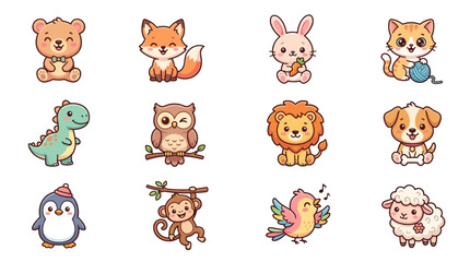 Obraz premium Set of cute kawaii animal stickers for kids illustration.