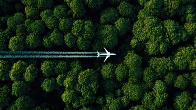 Aerial view of a white airplane flying over a lush green forest with contrails