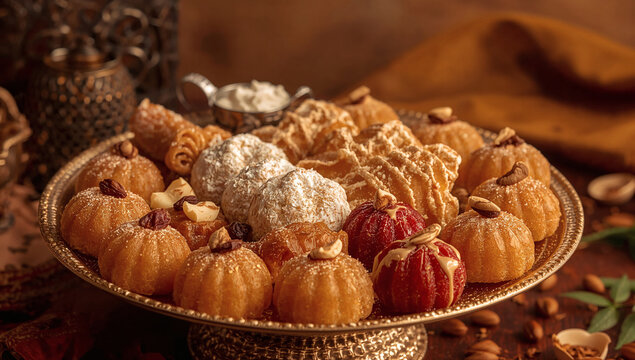 vibrant indian sweets platter for eid milad un nabi celebration traditional eid desserts gulab jamun jalebi barfi with edible gold dust and nuts colorful festive high resolution shallow depth of field