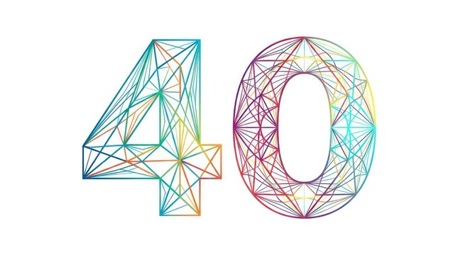 Wireframe number forty made of intersecting lines with rainbow gradient on white backdrop.