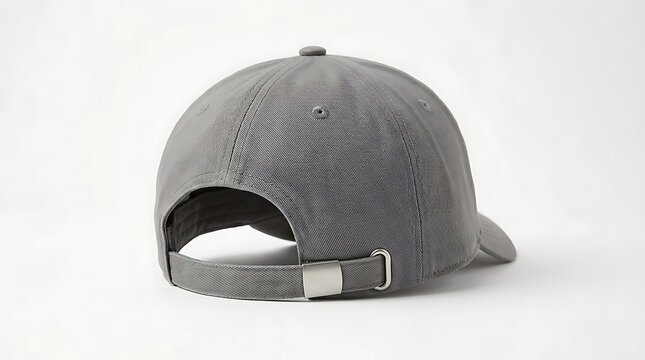 A plain grey baseball cap viewed from the back showing the adjustable strap.
