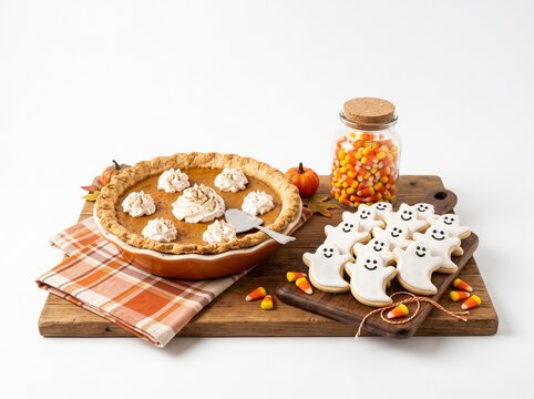 Halloween Dessert Spread: A festive spread featuring a whole pumpkin pie topped with swirls of whipped cream, accompanied by adorable ghost-shaped cookies and a jar filled with candy corn.