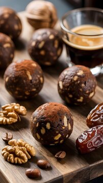 Trufas de energ&iacute;a saludables con cacao, d&aacute;tiles y nueces acompa&ntilde;adas de un caf&eacute; espresso
