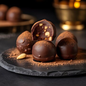 Trufas de chocolate artesunales con frutos secos sobre plato de pizarra, bomb&oacute;n cortado por la mitad mostrando el relleno de almendras y cacao en polvo