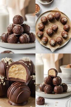 Collage de fotos de trufas de chocolate rellenas de mantequilla de cacahuete