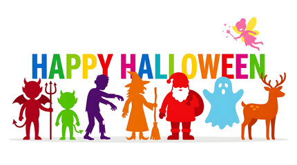 Naklejka premium Colorful Happy Halloween text with cartoon characters and a fairy image