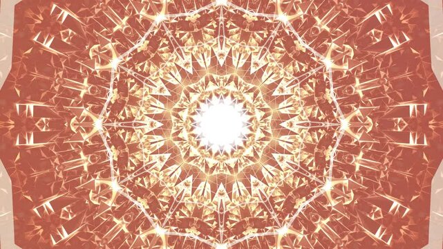 Elegant golden white kaleidoscope mandala featuring intricate symmetrical patterns and a luminous center. Perfect for spiritual visuals, luxury backgrounds, meditation themes, and cinematic.