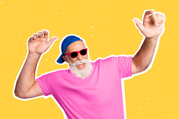 Naklejka premium Energetic senior man dancing in pink shirt and sunglasses on bright yellow background, playful retro portrait of a happy grandfather having fun and feeling youthful
