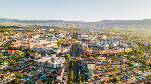 Aerial Morning View of Bagua City in Tekes County, Ili, Xinjiang, China