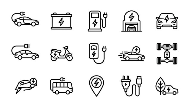 Electric Vehicle Icons: Cars, Scooter, Bus, Charging Station, Battery, Eco Power