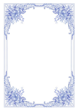 Blue toile frame, chinoiserie watercolor arrangement,  blue floral PNG frame, A4