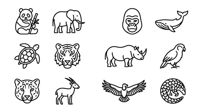 Collection of endangered animals icons, vector illustration