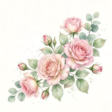 Hand painted watercolor illustration of delicate pink roses with green leaves and buds on white background