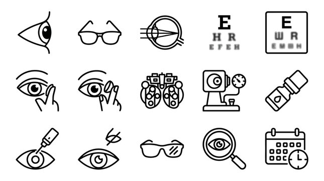 Eye Care and Vision Health Icons: Ophthalmology, Optometry, Sight Test, Eyeglasses, Contact Lenses, Eye Drops