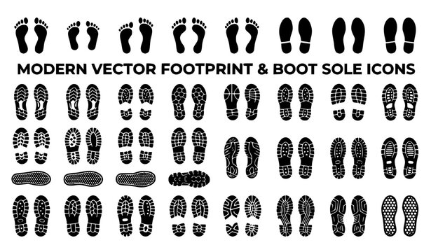 Boot Sole and Footprint Icon Collection Black White Vector Illustration