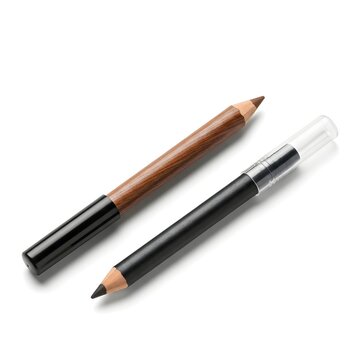 Two cosmetic pencils for eye makeup with brown and black shades on a white background with soft studio lighting