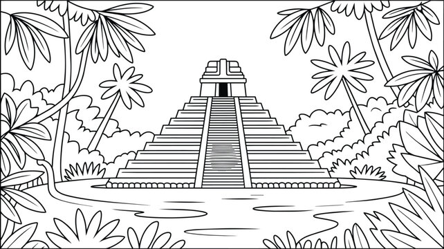 Ancient mayan pyramid in a tropical jungle coloring page for children, aztec step temple ruins surrounded by palm trees line drawing and forest