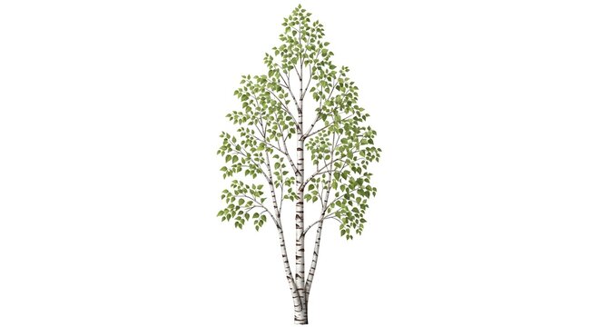 Young birch tree with delicate green leaves in bright daylight against a clean white background