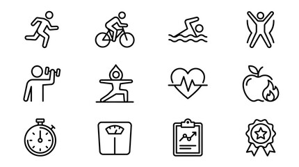 Fototapeta premium Fitness and Health Icons: Running, Cycling, Swimming, Yoga, Weight Loss, Healthy Food