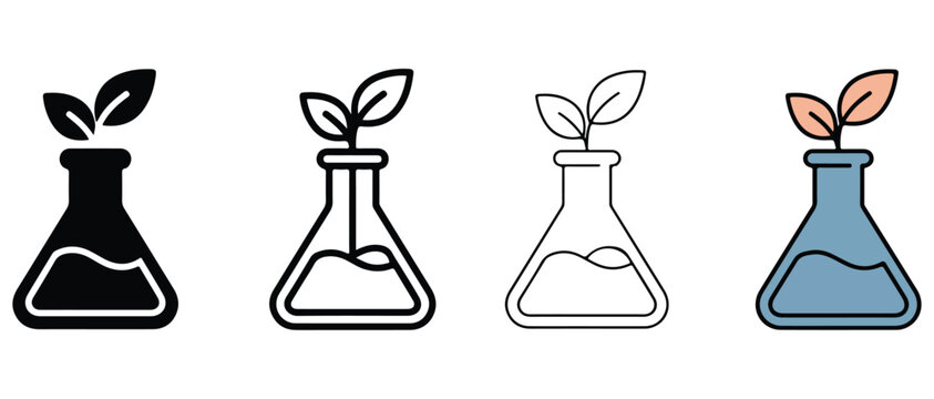 laboratory flasks with plants growing out of them in different colors and styles on white background  science and nature concept