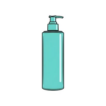 Turquoise pump bottle with liquid dispensing nozzle isolated on white background during studio lighting