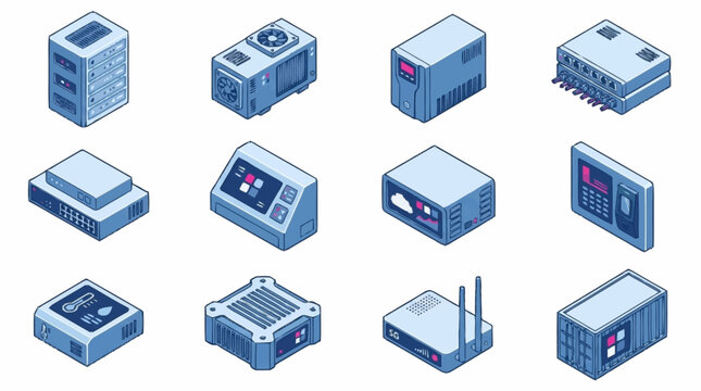 Isometric collection of modern electronic devices and servers.