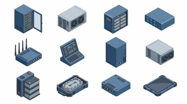Isometric Blue Server Rack and Network Equipment Set.