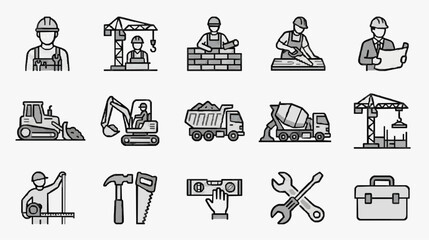 Creative Black and White Line Drawing Icons Set Featuring Construction Workers Machinery Tools and Equipment © Isa