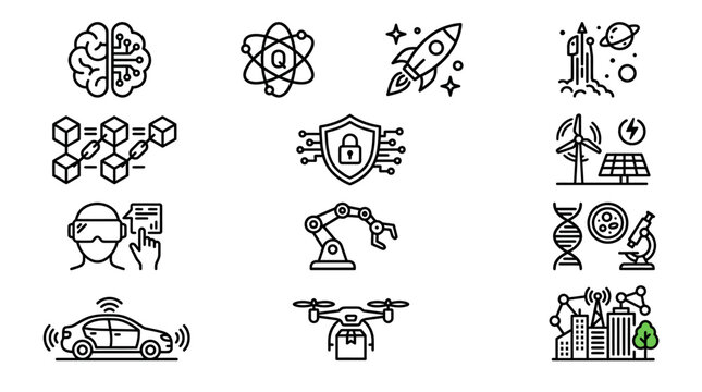 Modern Technology Icons Set: AI, Blockchain, VR, Drone, Auto, Robotics, Space, Energy, Science