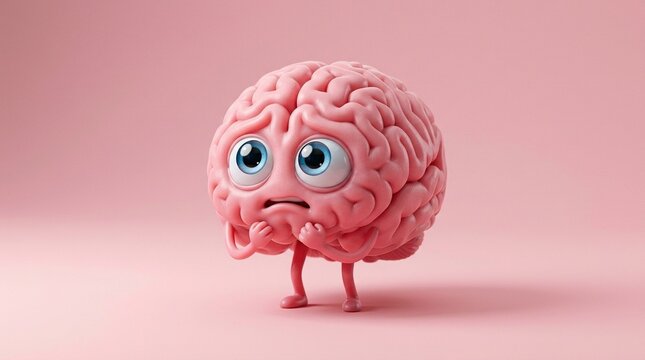 Cute cartoon brain with wide blue eyes and worried expression, small hands clasped in front, standing on a soft pink background.