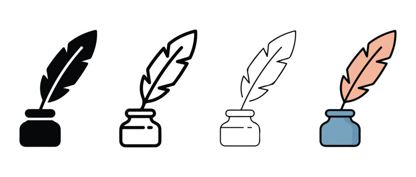 quill pens in ink wells in black white gray and brown colors for writing and drawing isolated on white background  office and art supplies