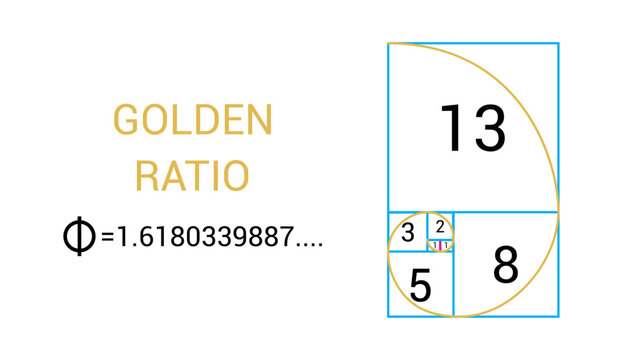 Golden ratio fibonacci spiral vector mathematics formula phi geometry proportion golden section divine harmony science educational diagram isolated white background.