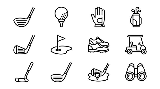 Golf Icon Set: Clubs, Ball, Bag, Cart, Shoes, Glove, Flag, Binoculars