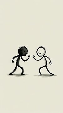 Hand-drawn style stickman animation depicting a fight sequence, dynamic and fluid movements, deliberately imperfect lines to mimic human-created animation for cinematic action feel.