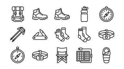 Fototapeta premium Hiking and Camping Gear Icons: Backpack, Boots, Compass, Tent, Solar Panel, Headlamp