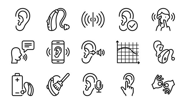 Hearing Aid Icons Set: Ear, Sound Waves, Audiogram, Mobile App, Battery, Medical Symbols
