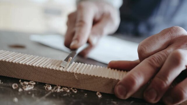 Carpenter chiseling wood creating a comb with a hand tool in workshop