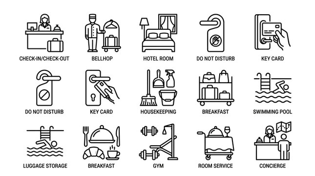 Hotel Service Icons: Check-in, Bellhop, Room, Do Not Disturb, Key Card, Housekeeping, Breakfast, Gym, Pool, Concierge
