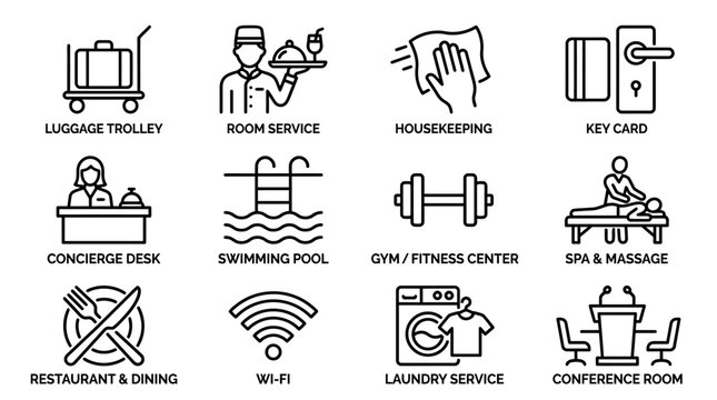 Hotel Services Icons: Luggage, Room Service, Housekeeping, Pool, Gym, Spa, Wi-Fi, Laundry