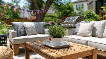 Fototapeta premium Outdoor patio setting with comfortable seating, decorative pillows, and a potted plant, featuring festive bunting for Independence Day celebration in a residential backyard
