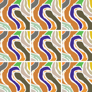 Abstract wavy colorful seamless pattern background-A seamless abstract pattern featuring organic wavy shapes in earthy tones of brown, beige, orange, green, and purple. The design flows diagonally acr